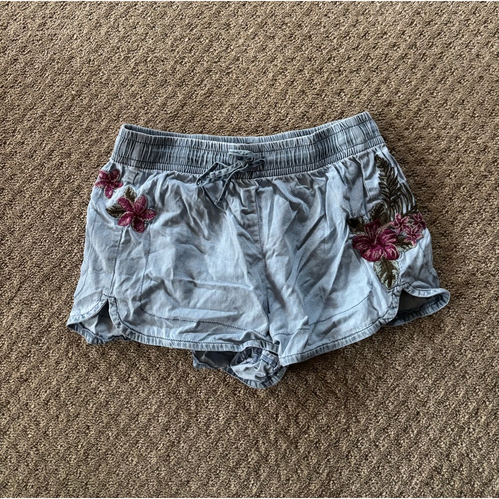 Express Women’s High Rise Denim Cotton Shorts with Floral Detailing